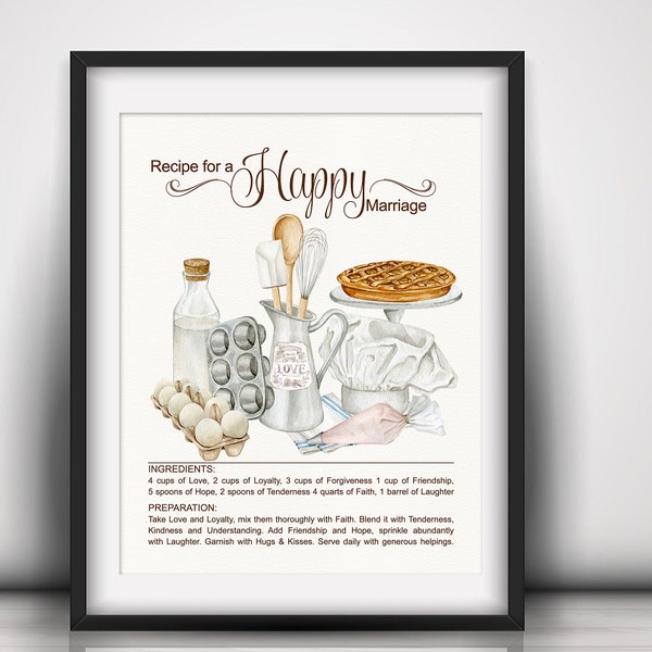 Kitchen Sign Recipe for a happy marriage anniversary gift for her gift for bride Home wall art decor watercolor artwork decoration poster