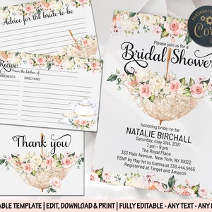 Umbrella bridal shower invitation pink peonies editable wedding bachelorette invite Pink roses spring advice for bride recipe thank you card image 2