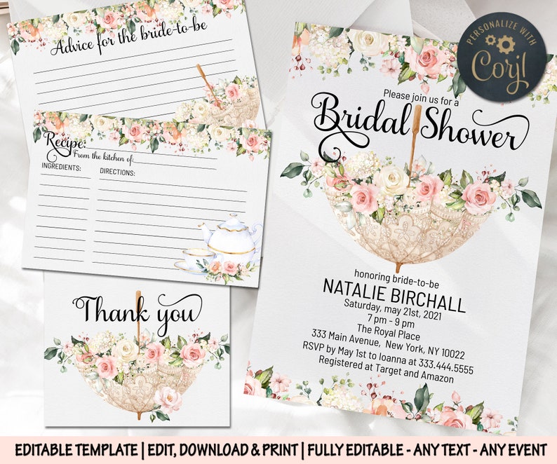 Umbrella bridal shower invitation pink peonies editable wedding bachelorette invite Pink roses spring advice for bride recipe thank you card image 2