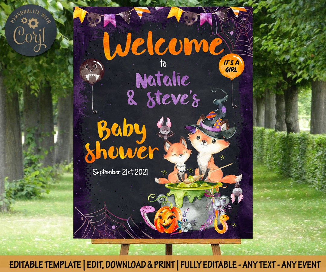 Halloween Baby Shower Welcome Sign Fox Witch Hat Bats Birthday Editable ...
