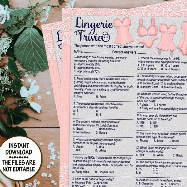 Pink Lingerie Bridal Shower Trivia game Corset Bachelorette Party Game Lingerie Shower Game Printable Bridal Shower Games Instant Download