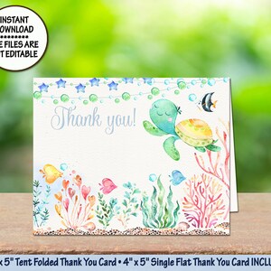 Under the sea Folded Tent Thank you Card baby Shower Thank you card Birthday Thank you ocean baptism Thank you card Tented Thank you Card