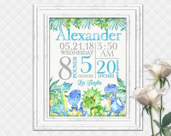 Dinosaurs Printable Birth Stats Wall Art Birth Announcement Poster Nursery Decor Baby Boy Personalized Custom Wall Decoration Print