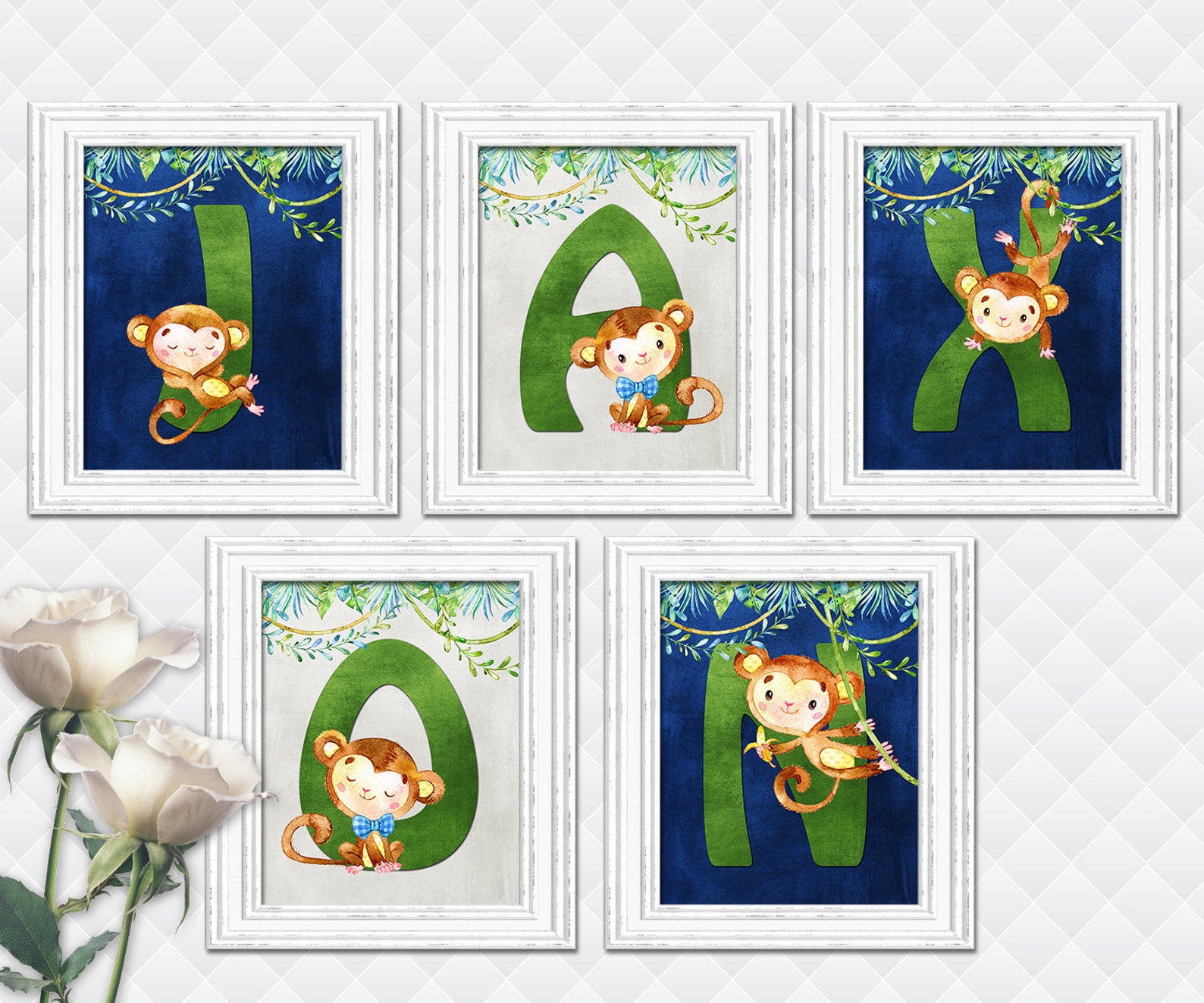 Monkey Custom name letters prints baby boy nursery art kids | Etsy