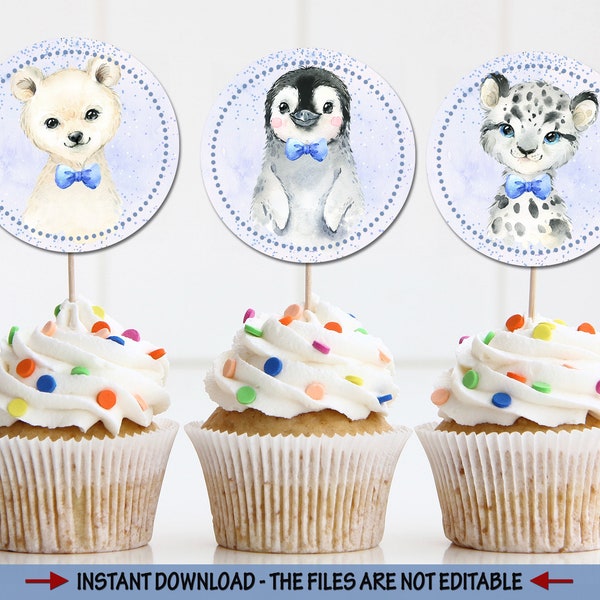 Penguin Baby Shower cupcake toppers arctic animals Birthday baptism round tags thank you tag party bag décor table decoration digital tags