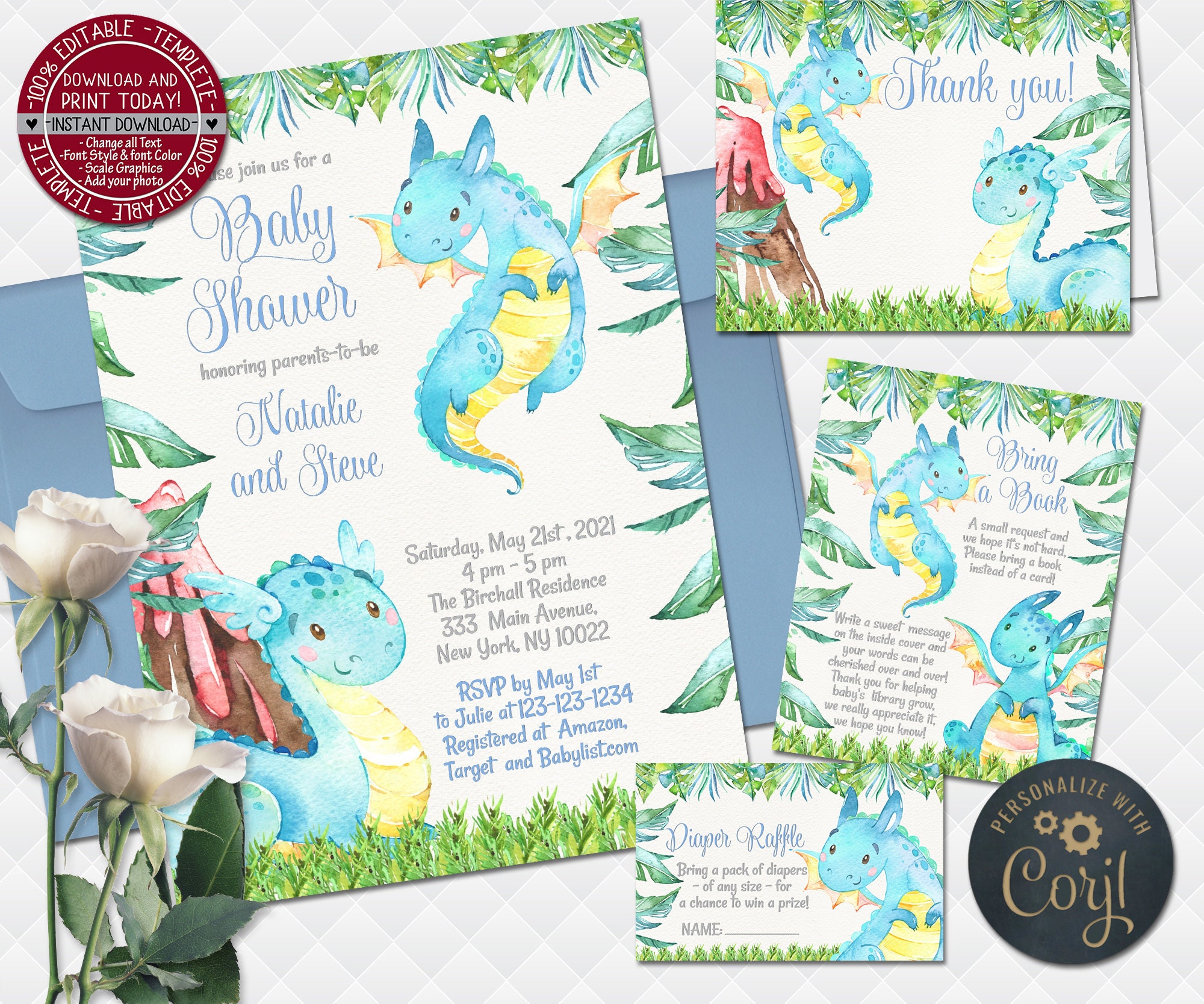 Dragons Baby Shower Invitation Digital boy Invite with Inserts Etsy