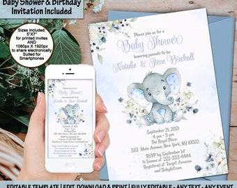 Elephant cotton baby shower Invitation Template Blue floral elephant birthday Invite editable template electronic mobile phone invitation