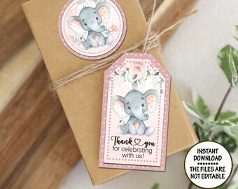 Elephant Baby Shower tags pink roses cupcake topper birthday tags party bag décor table decoration guests gift bag tag digital tags label