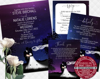 Wedding Invitation set Bride groom Printable Invite Suite navy blue purple RSVP details inserts Thank you card dress editable template