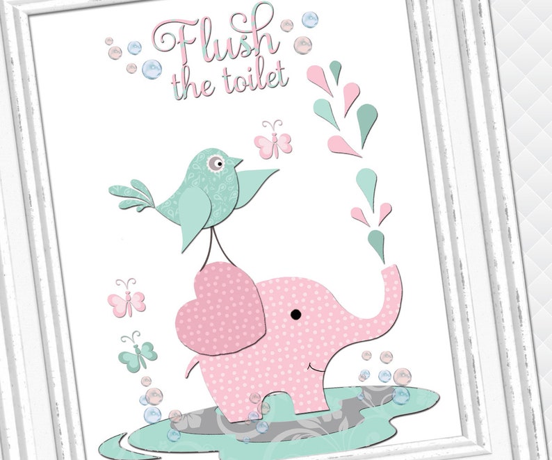 Elephant Bathroom wall art pink turquoise kids bath wall | Etsy