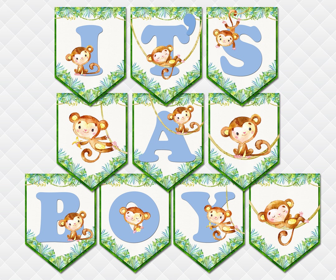 Monkey Banner It's a Boy Sign Baby Shower Wall Letters Decoration