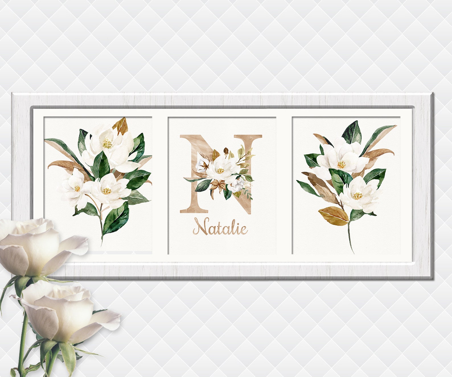 Floral Nursery Wall Art Name Decor Boho Magnolia Wall Prints Etsy