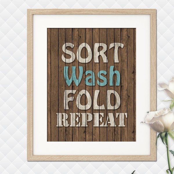 Rustic Laundry Room Wall Art Prints Laundry Room Decor Sort Wash Fold Repeat Sign Posters Turquoise Brown Wooden Sing Home Wall Decor