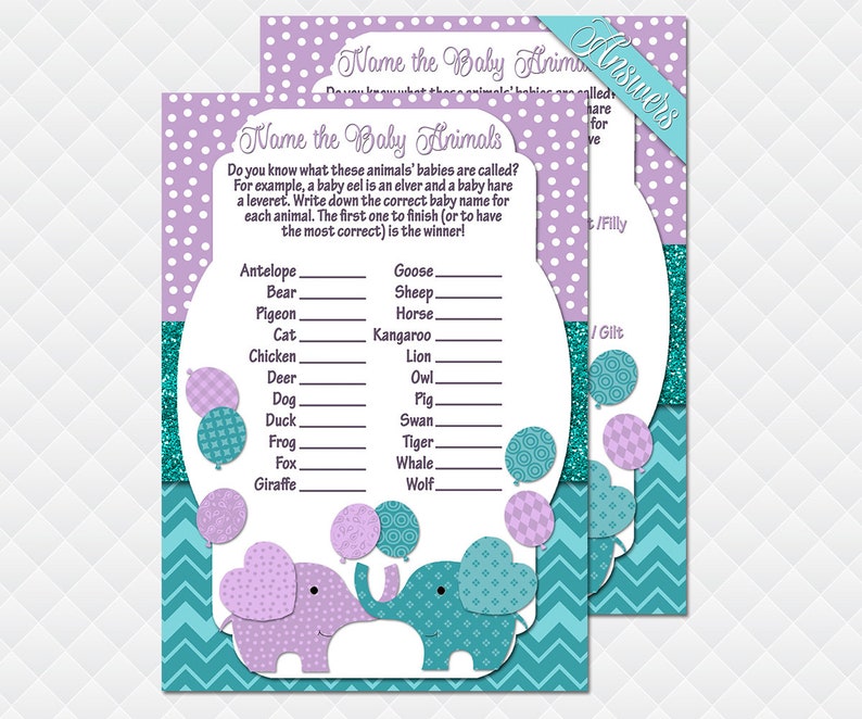 Elephant Game package baby shower purple teal activities for guests Bingo What/'s in Your Purse Quiz Celebrity Animals Pass the gift pack