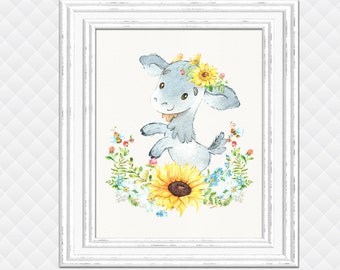 Goat print Farm Animals Nursery art prints girl room wall decor sunflowers decoration baby shower gift kid toddler prints