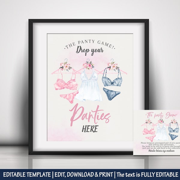 Drop Your Panties Here Sign Card The Panty Game Lingerie Shower Game Bachelorette Party Game Bridal Shower Lingerie editable sign and card