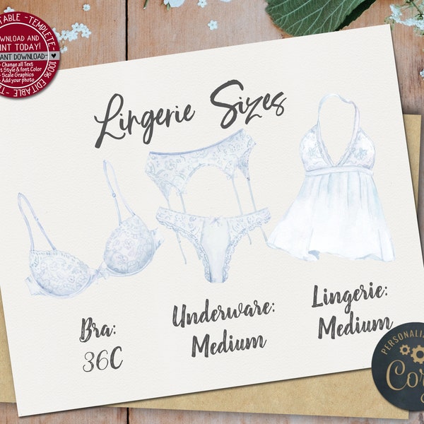 White Lingerie size card  Lingerie Size Insert  Bride's Measurements Card Lingerie Shower Insert Bra and Panty Size Card Editable underwear