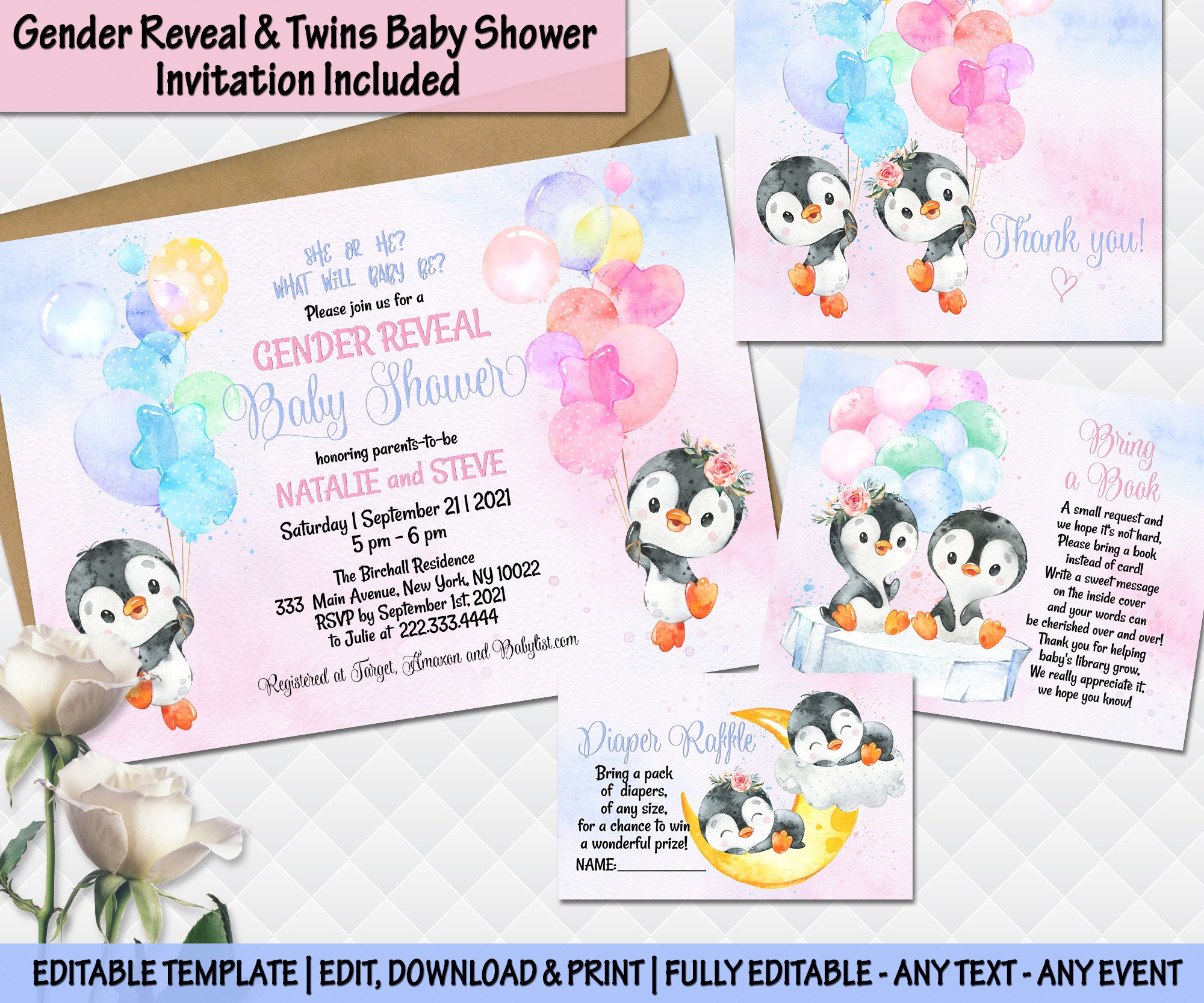 Gender Reveal penguin invitation Twins Penguin baby shower invitation