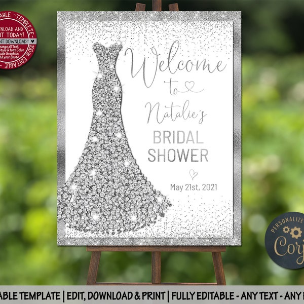 Diamond Wedding Dress Bridal shower Welcome Sign White Silver Poster editable template bachelorette sign Bridal decoration shower Decor