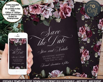 Pink roses Wedding Save the date cards pink red peonies editable Save date purple floral Wedding Save date Save The Date