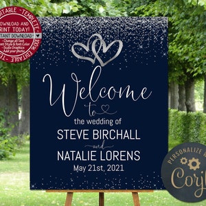 Wedding welcome sign navy blue silver hearts editable welcome stylish modern wedding ceremony decor wedding reception decoration