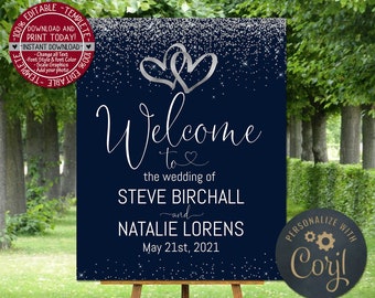 Wedding welcome sign navy blue silver hearts editable welcome stylish modern wedding ceremony decor wedding reception decoration