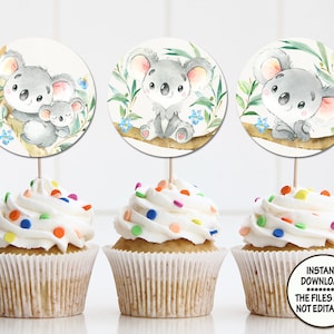 Koala Baby Shower cupcake toppers baptism birthday round tags thank you tag party bag décor table decoration digital tags