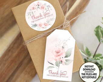 Pink peonies Tags cupcake toppers bridal wedding shower Quinceañera Labels pink roses birhday tags favor tags gift bag tags baby shower tags