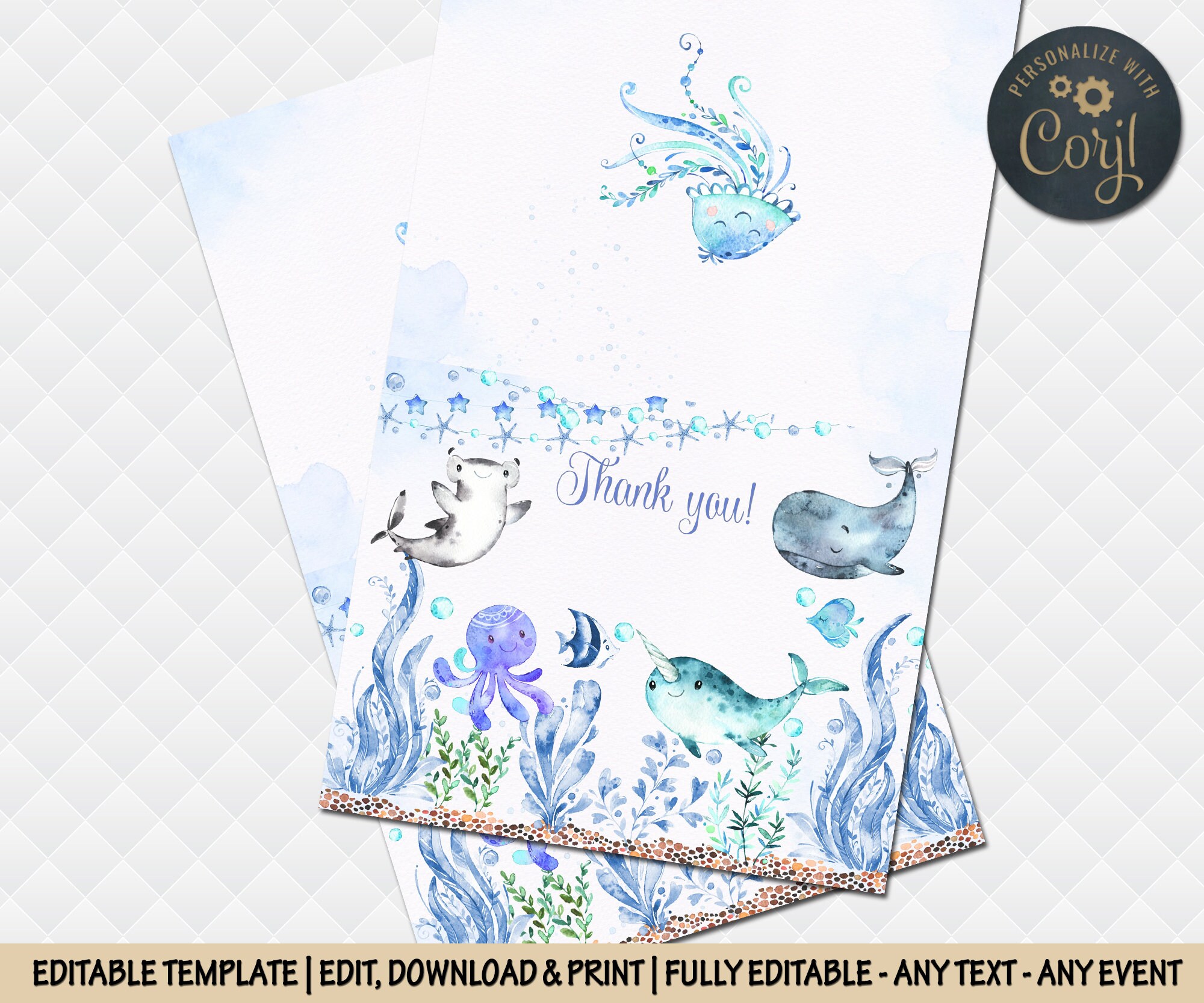 Under the Sea Thank You Editable Ocean Thank You Cards Tented Etsy