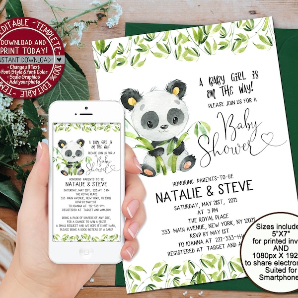 Panda baby shower Invitation Template birthday Invite editable boy girl invite neutral Smartphone Electronic Mobile Invite Instant Download