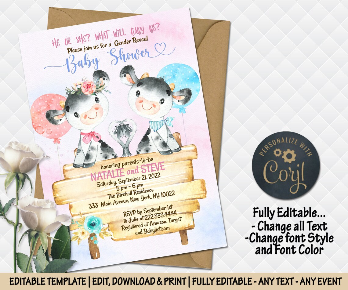Gender Reveal Cows Invitation Twins Cow Baby Shower Invitation Etsy