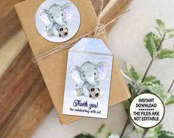 Elephant playing soccer Baby Shower Birthday tags Birthday cupcake topper baptism tags party bag décor table decoration guests gift bag tag