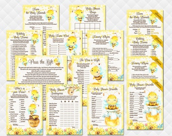 Bee baby shower games package Bingo What's in Your Purse Quiz Celebrity Nursery Rhyme game pack activities for the guests yellow games