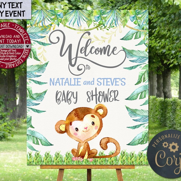 Monkey Baby Shower Welcome Sign Jungle Welcome Poster Blue Green Birthday baptism Welcome Sign for boy