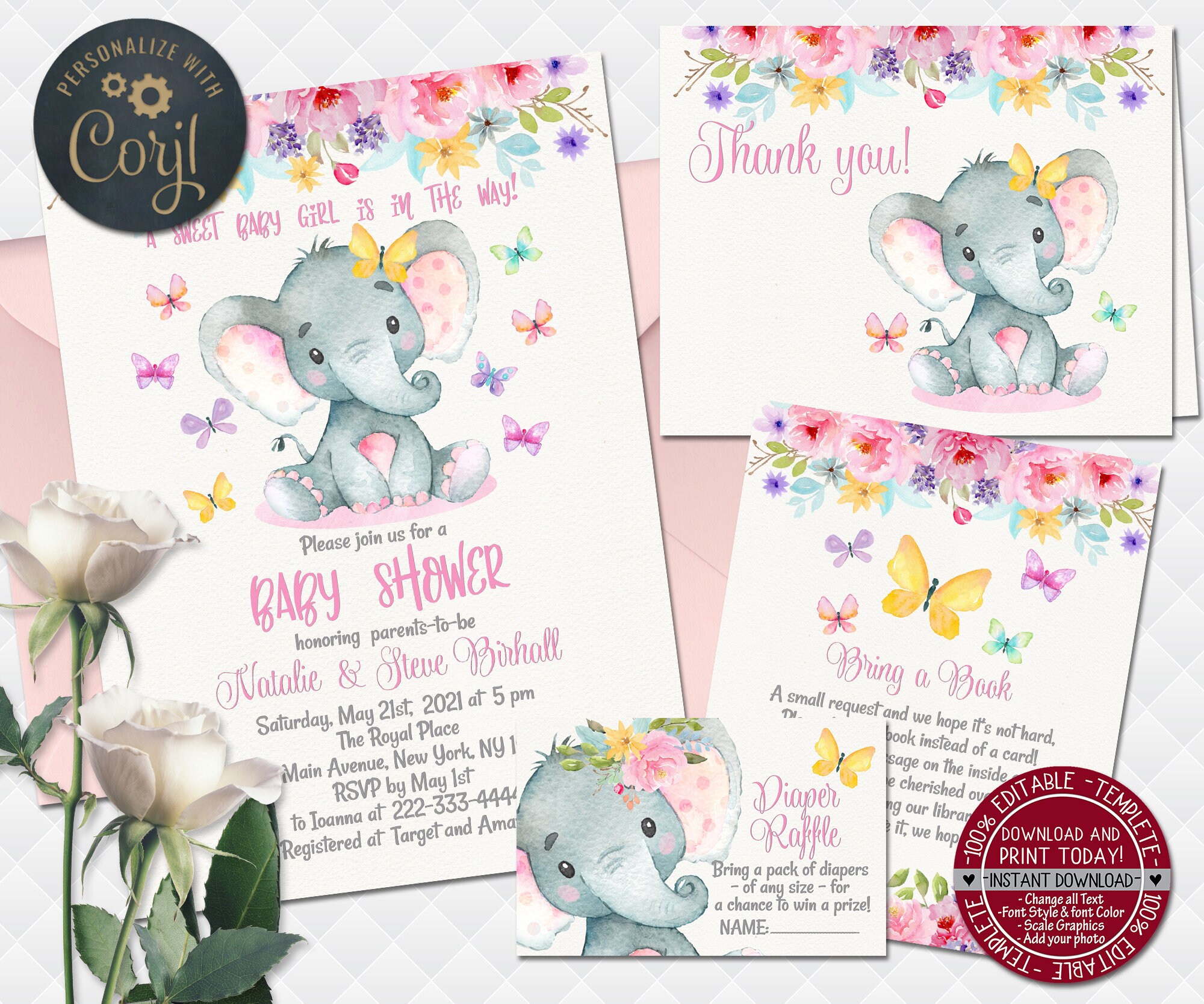 Elephant With Butterflies Baby Shower Invitation Editable Pink Etsy