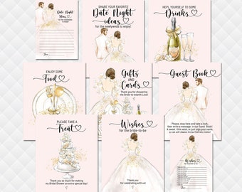 Pink Wedding dress bridal shower signs bride gift table decor Guest Book food drinks Wishes for bride Date Night Ideas card shower decor