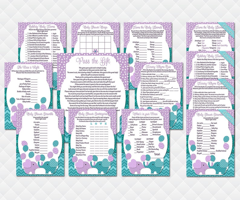 Elephant Game package baby shower purple teal activities for guests Bingo What/'s in Your Purse Quiz Celebrity Animals Pass the gift pack