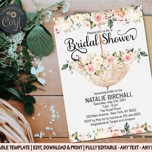 Umbrella bridal shower invitation pink peonies editable wedding bachelorette invite Pink roses spring advice for bride recipe thank you card image 4