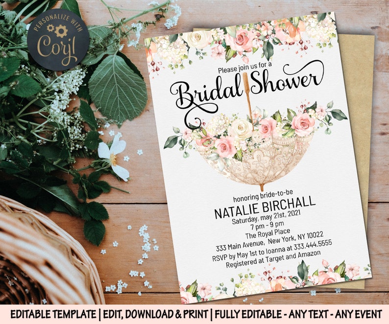 Umbrella bridal shower invitation pink peonies editable wedding bachelorette invite Pink roses spring advice for bride recipe thank you card image 4