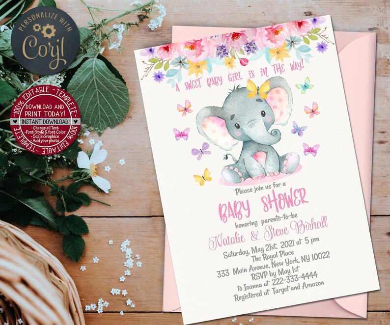 Elephant With Butterflies Baby Shower Invitation Editable Pink Etsy