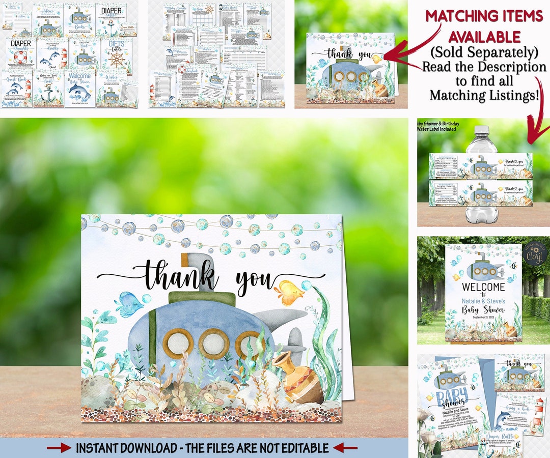 Submarine Thank You Nautical Under the Sea Folded Tent Thank You Card