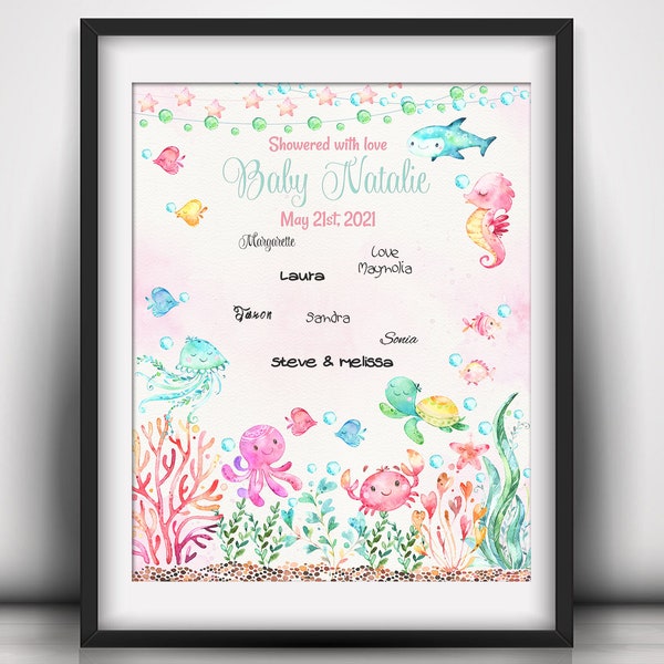 Under the Sea thumbprint alternative guest book ocean fingerprint  nursery decoration baby shower keepsake girl baby shower pink mint