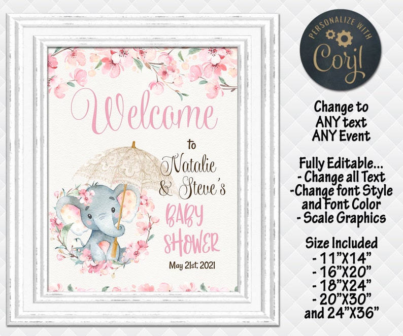 Elephant baby shower Welcome White umbrella Sakura Cherry blossoms spring pink baby girl birthday baptism sign decoration decor