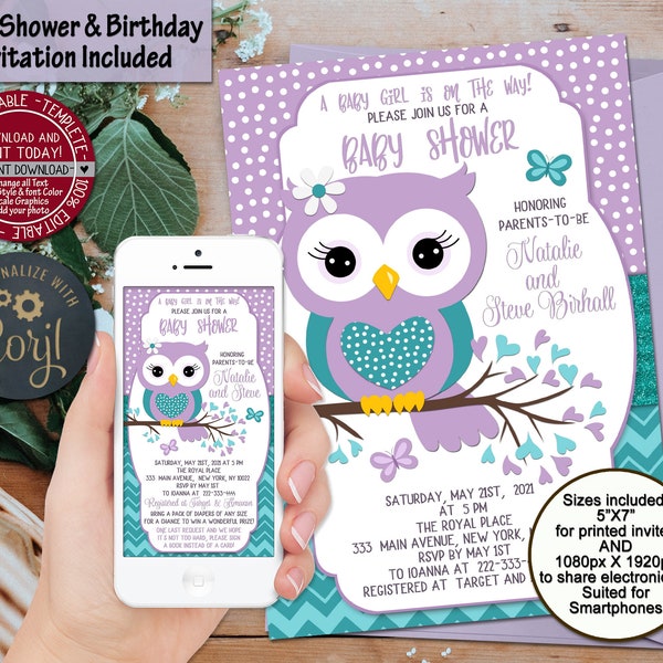 Owl baby shower invitation purple teal turquoise birthday party invite for baby girl editable custom wording template chevron polka dot