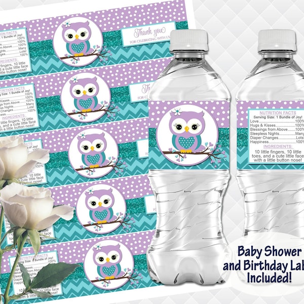 Owl water Bottle Labels girl baby shower water stickers purple turquoise Bottle Wrappers Birthday Favor bottle wrappers