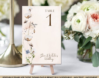 Floral wedding table numbers cards pink wildflowers reception card boho baby shower christening decoration baptism party décor