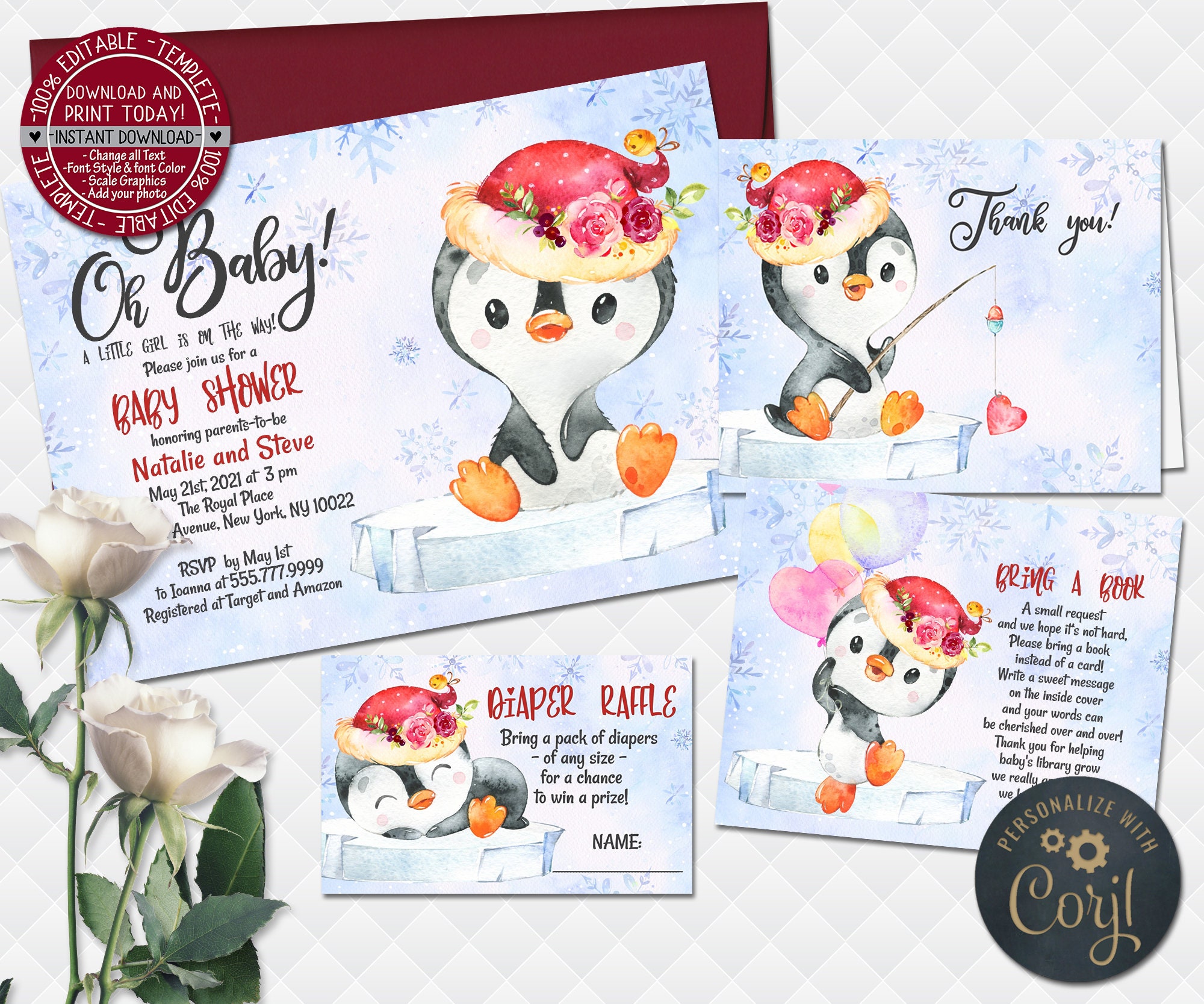 Penguin Baby Shower Invitation Girl Arctic Animals Winter Snow Etsy UK