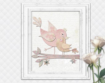 Shabby Chic Nursery birds pink floral baby girl room wall art print bedroom decor decoration gift toddler mommy and baby digital poster