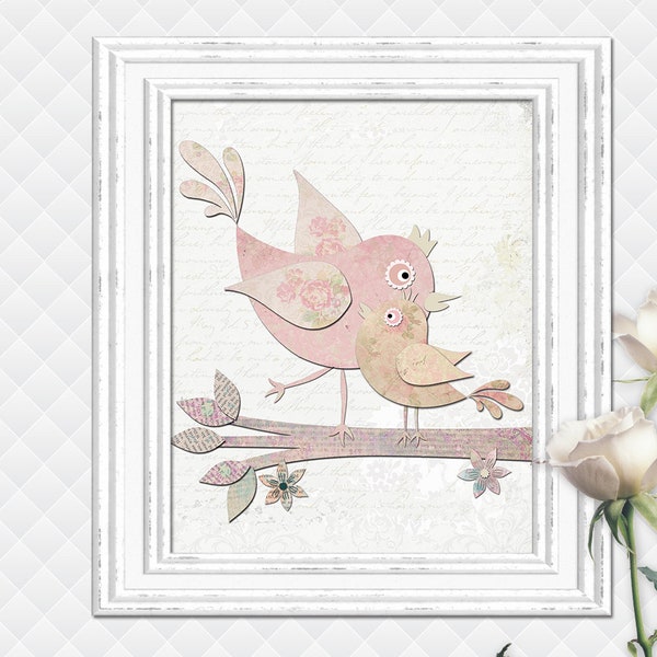 Shabby Chic Nursery birds pink floral baby girl room wall art print bedroom decor decoration gift toddler mommy and baby digital poster