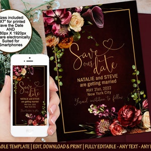 Red gold floral Wedding Invitation template editable invite card red roses Electronic invitation Mobile Phone smartphone invite